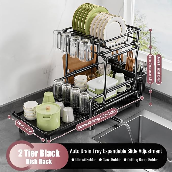 Large 2-Tier Expandable Dish Drying Rack, Heavy Duty Kitchen Countertop Dish Drainer Organizer with Utensil Holder, Extendable Space Saving Plate Storage Rack for Kitchen Sink Counter, Black