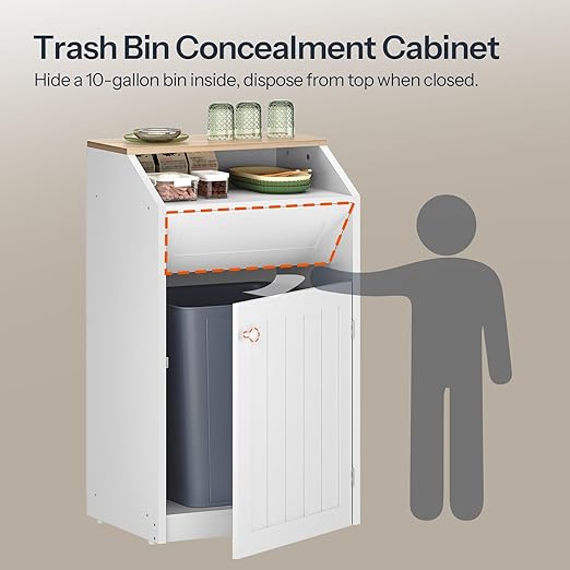 YATINEY Trash Cabinet, Freestanding Trash Can Cabinet, Wooden Recycling with Flip Door, 10 Gallon Hidden Kitchen Garbage Can for Kitchen, Living Room, White WB01WT