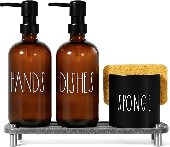 Amber Glass Soap Dispenser, Kitchen soap Dispenser with Sponge Holder, Dish and Hand soap Dispenser Set with Tray,Instant Dry Tray, Amber