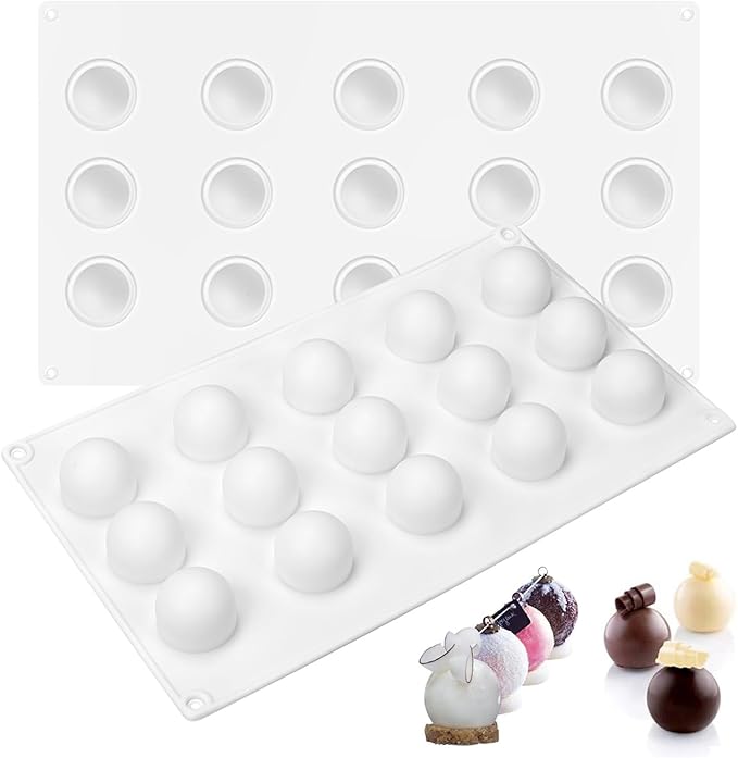 RoseFlower 2pcs Truffle Sphere Silicone Mold, 15-Cavity Silicone Mini Cake Ball Mold, 3D Silicone Baking Mold for Cake Decoration Dessert Mousse Pastry Chocolate Jelly Ice Cream, Round Ball Shape