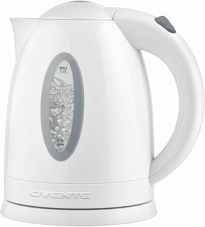 OVENTE Electric Kettle, 1.7L Fast Boiling Water Heater for Coffee or Tea, BPA Free with Water Level Gauge, Auto Shut-Off, Boil-Dry Protection, Indicator Light and Removable Filter, White KP72W