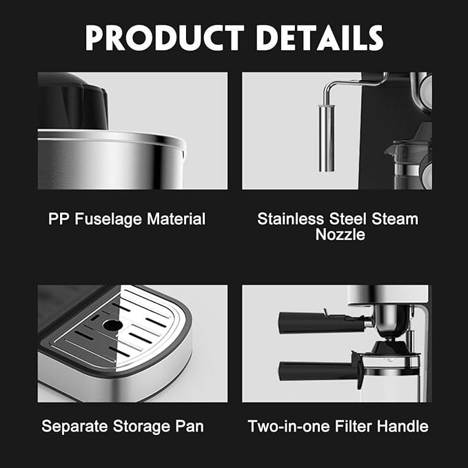 Espresso Maker with Steamer with Drip tray, Built-In Milk Frother and Reservoir with Adjustable Control Knob, 5 Bar Coffee Maker and Cappuccino Machine