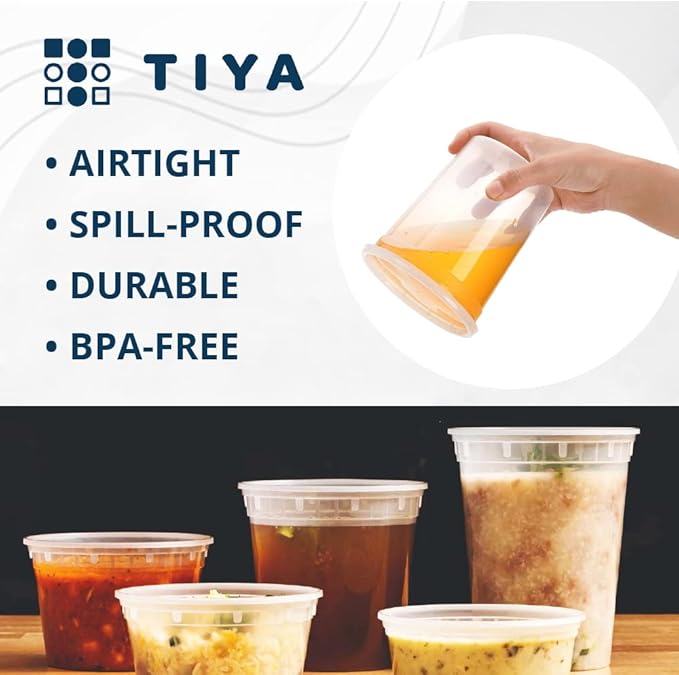 TIYA Food Containers - 16oz Bulk 240 Pack with Lids - Plastic Food Storage to-Go Containers - Reusable Microwavable Dishwasher Safe Cups - Airtight Leak Proof for Soups & Meal Prep