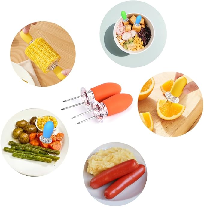 16 Pcs/8 Pairs Corn Holders, PEOUWNES Stainless Steel Corn Cob Holders Corn on The Cob Skewers, Interlocking Double BBQ Fork Skewers for Home Cooking Parties Camping (4 Colors)