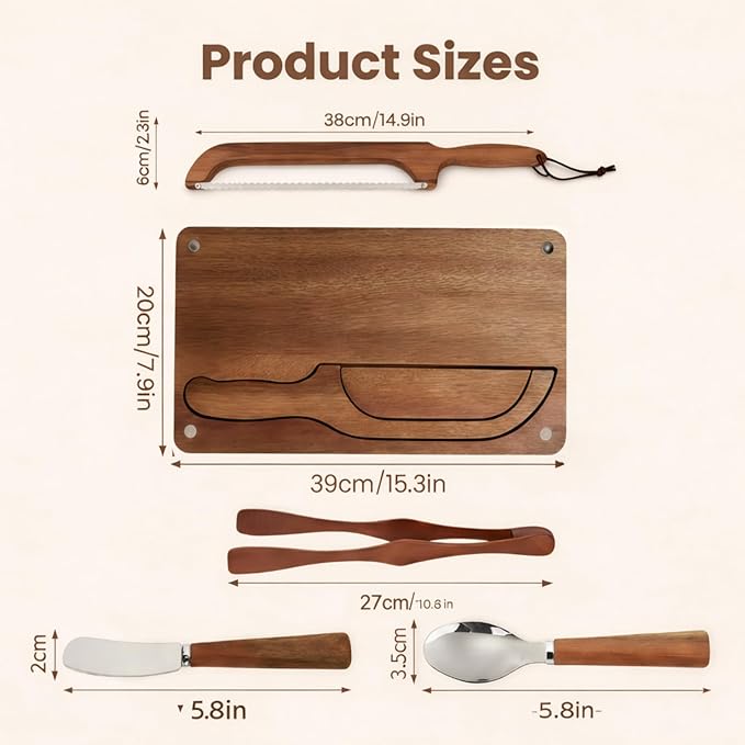 Bread Bow Knife and Cutting Board Set, 16" Serrated Stainless Steel Slicer for Homemade Sourdough & Artisan Bread, Ambidextrous Bread Slicing Kit with Crumb Tray, Bread Tong, Butter Knife, Jam Spoon