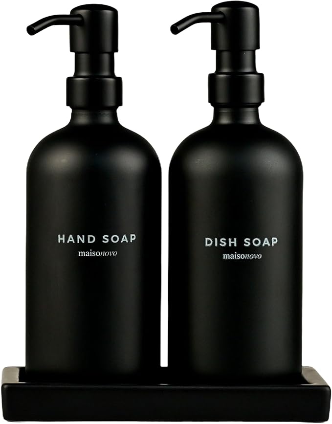 MaisoNovo Black Soap Dispenser Bathroom - Soap Dispenser Set with Black Soap Dispenser, Black Pumps & Ceramic Tray