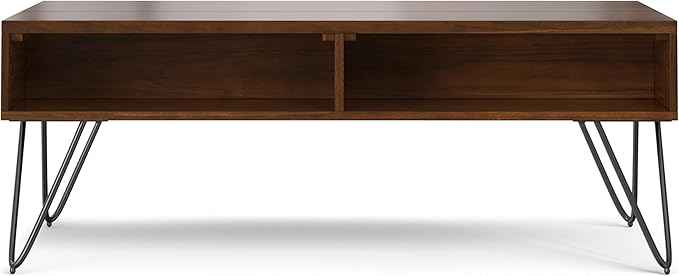 SIMPLIHOME Hunter Lift Top Coffee Table - 48 inch Wide Walnut Veneer and Metal Industrial Cocktail Table, Functional Living Room Table with 2 Storage Cubbies and Hairpin Legs