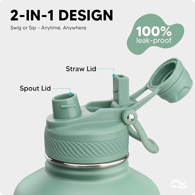 Swigina [2-IN-1 LID] 64 oz Insulated Water Bottle with Silicone Boot (48hrs Cold/24hrs Hot) - DIY Stickers, Leakproof, BPA Free, Half Gallon