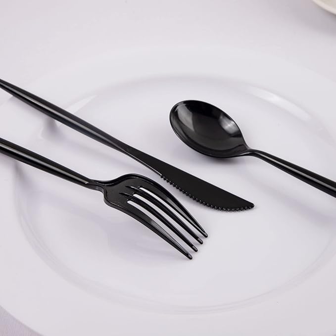 Supernal 180pcs Black Plastic Silverware Heavy Duty Black Party Cutlery Disposable Plastic Forks and Spoons Disposable Utensils Flatware Include 60 Forks,60 Knvies,60 Spoons