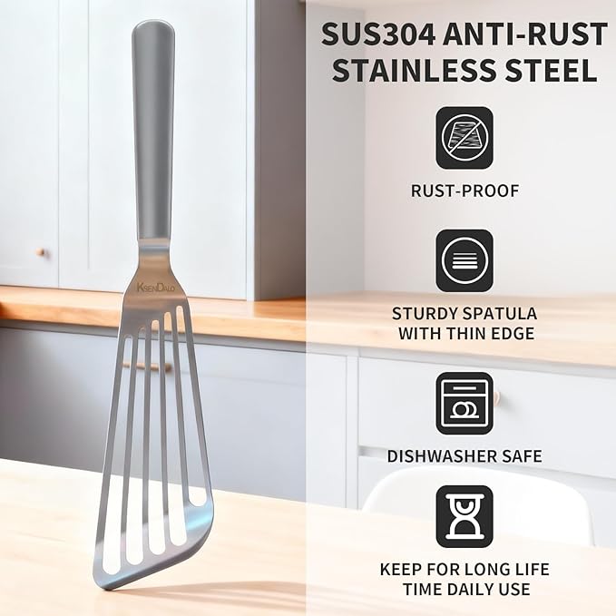 KSENDALO One-piece Fish Spatula Stainless Steel SUS304 - Thick Spatula with Flexible Thin Angled Blade Slotted Egg Flipper, Hollow Grip Metal Turner for Fish/Eggs/Omelettes, Dishwasher Safe