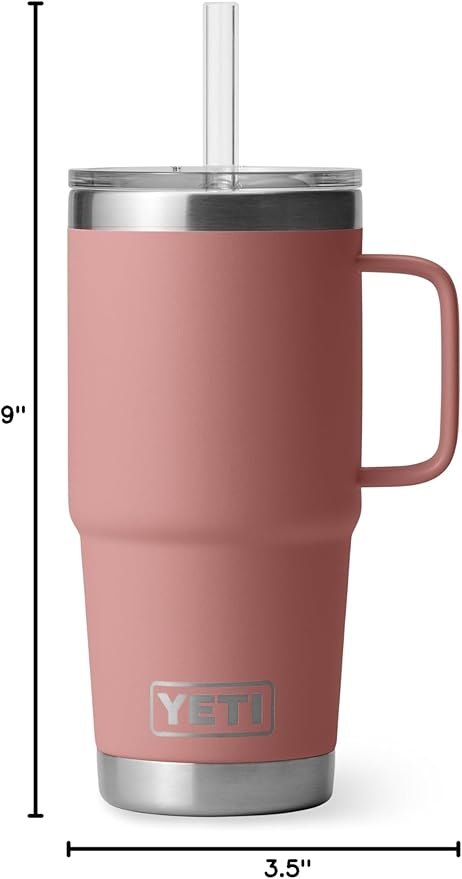 YETI Rambler 25 oz Tumbler with Handle and Straw Lid, Travel Mug Water Tumbler, Vacuum Insulated Cup with Handle, Stainless Steel, Sandstone Pink
