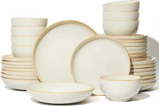 32 Piece Double Bowl Dinnerware Sets with Pasta Bowls, Highly Chip and Crack Resistant Plates and Bowls Sets, Natural Earthyware Ceramic Dishware Sets, Service for 8 Yellow White