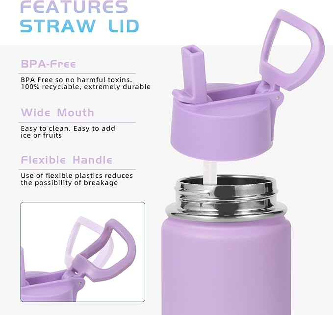 Volhoply 14oz KIds Stainless Steel Insulated Leakproof Water Bottle with Straw Lid and Silicone Boot,BPA-Free Easy Use for Boys&Girls,Double Wall Vacuum Bottles(Lavender Blue,1)