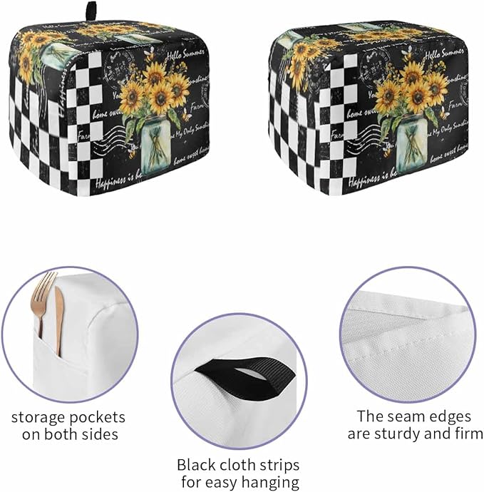Sunflower Vintage Toaster Cover 2 Slice, Farmhouse Floral Dustproof Bakeware Oven Protector with Top Hook, Black Checkered Waterproof Small Kitchen Appliance Toasters Dust Cover, 12"x7.5"x8"