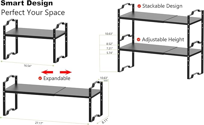 Expandable Shelf for Cabinet Organizer Adjustable Stackable Spice Rack at Kitchen and Bathroom More, Counter Countertop Cupboard Organization Pantry Storage(MEDIUM/1PACK/BLACK)