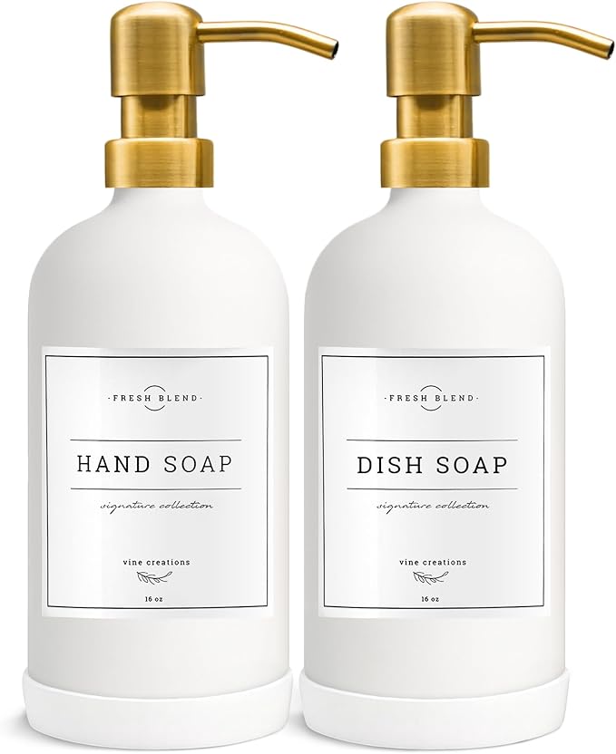 Vine Creations Glass Soap Dispenser, 2 Pack Kitchen Soap Dispenser Set with Stainless Steel Pump, 16 oz Dish Soap and Hand Soap Dispensers for Bathroom with Waterproof Labels (White)