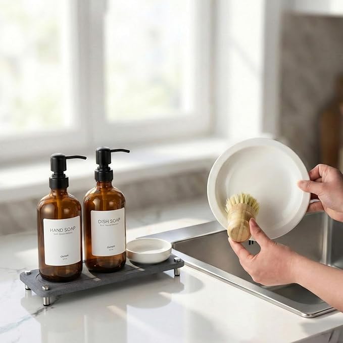 2 Pack Kitchen Soap Dispenser Set - 16oz Amber Glass Dish and Hand Soap Dispenser with Stainless Steel Pump, Instant Dry Tray, Dish Brush & Holder, Refillable Countertop Sink Decor for Kitchen & Bath