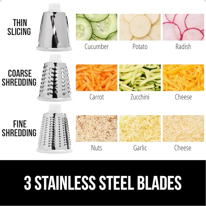 GORILLA GRIP BPA-Free Rotary Cheese Grater Hand Crank, Easy to Set Up, Strong Suction Base for Kitchen Countertop, Shred Potato, Vegetable, Nuts in Seconds, Round Mandoline Slicer, 3 Blades, White