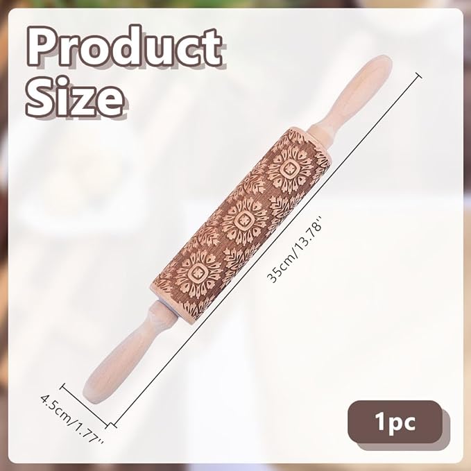 Embossed Wooden Rolling Pin Darker 3D Flower Rattan 36cm Rolling Pin for Baking Biscuits DIY Kitchen Tool Baking Accessories Homemade Bakery Pastry Cookie Fondant Dough Pizza