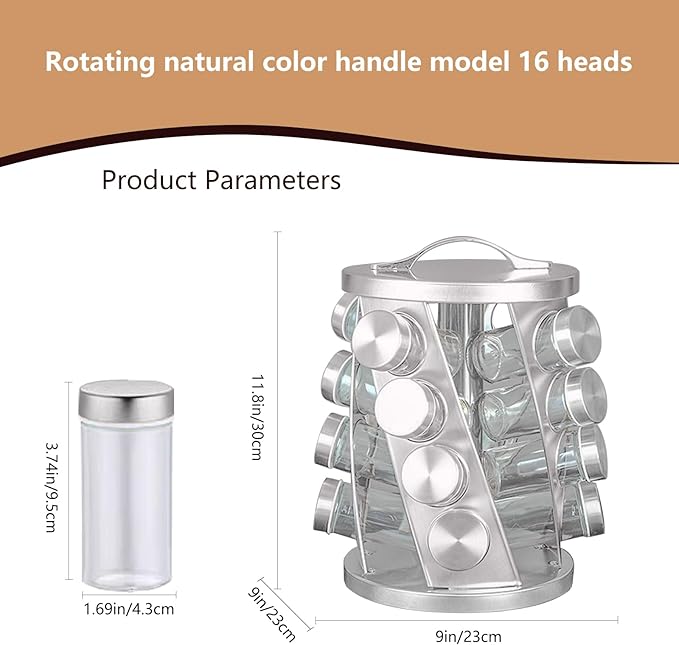 Portable Stainless Steel Spice Rack with 16 Spice Jars Included Revolving Spice Organizer for Kitchen Tower Storage Rack for Spices and Seasoning Silver