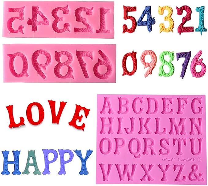 OBTANIM Silicone 3D Number 0-9 Alphabet A-Z Embossed Letter Fondant Chocolate Molds for Birthday Cake Decorating DIY Baking