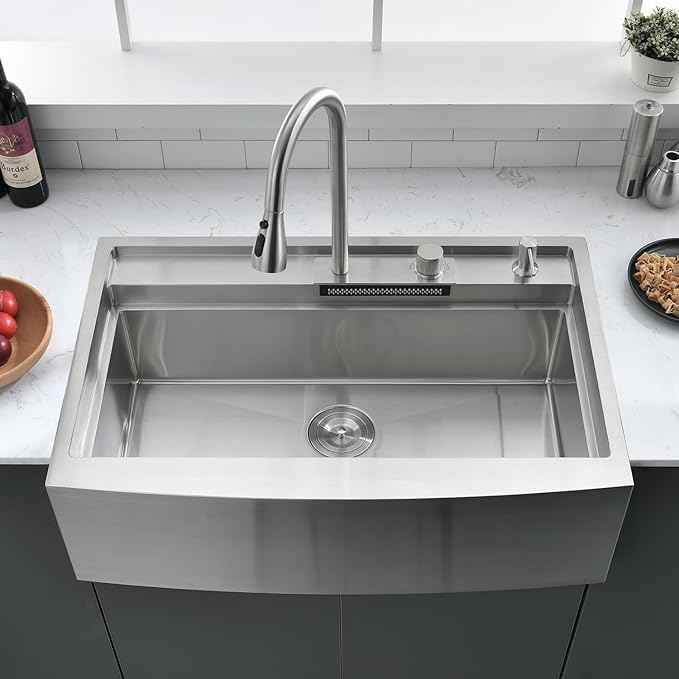 33 Inch Farmhouse Sink Splash Guard Waterfall Workstation - VOKIM 33x22 Inch Apron Front sink Single Bowl Stainless Steel 16 Gauge Farm Sink With Multifunctional Top Loading Flying Rain