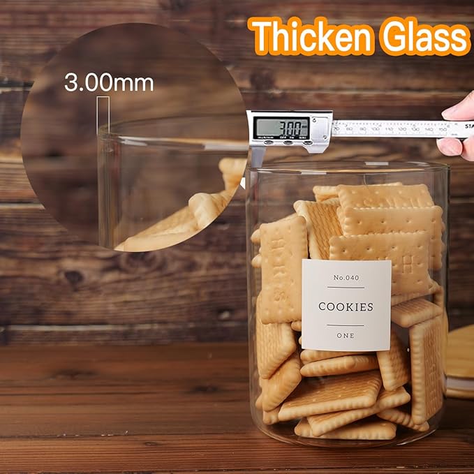 CZZGSM Set of 2 Large Glass Flour and Sugar Containers - 100 Fl oz Thicken Glass Storage Jars with Airtight Bamboo Lid and 132 Kitchen Pantry Labels - Big Clear Rice Containers Farmhouse