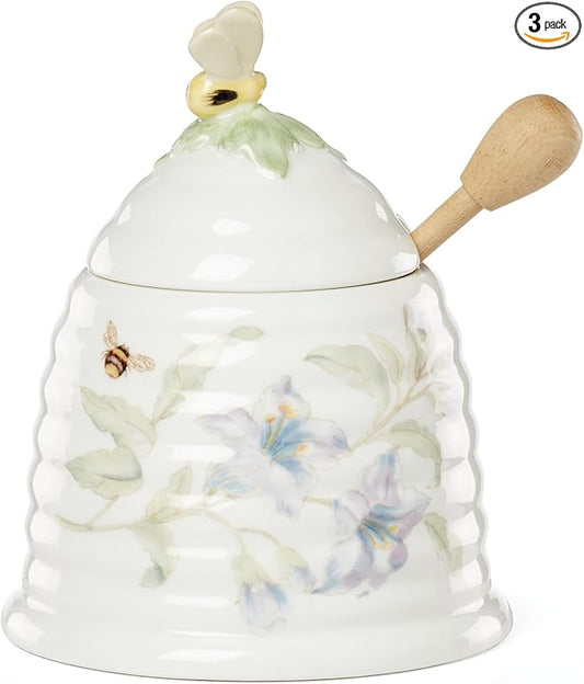 Lenox Home And Kitchen, Butterfly Meadow Beehive Honey Pot, Porcelain Material, Dishwasher Safe, Honey Jar, Honeypot, Bee And Flower Design, Bee Decor, Home Decor (White, 1 Piece, 10 Ounce Capacity)