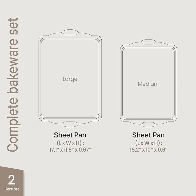 BAKKEN Kitchen Baking Pans - Medium (15.15 × 10.03") and Large (17.1 x 11.8") Nonstick Sheets, Carbon Steel Cookie Sheets with Gray Silicone Handles, PFOA, PFOS, PTFE Free, Oven Safe (450°F), Set of 2