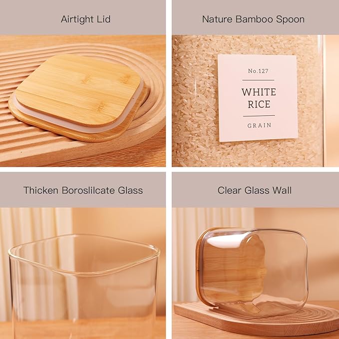 2 Pack Square Glass Flour and Sugar Containers with 132 Kitchen Pantry Labels - Thicken 85 FL OZ Large Glass Storage Jars with Airtight Bamboo Lid - Big Food Canisters for Cookies, Candy, Tea, Coffee