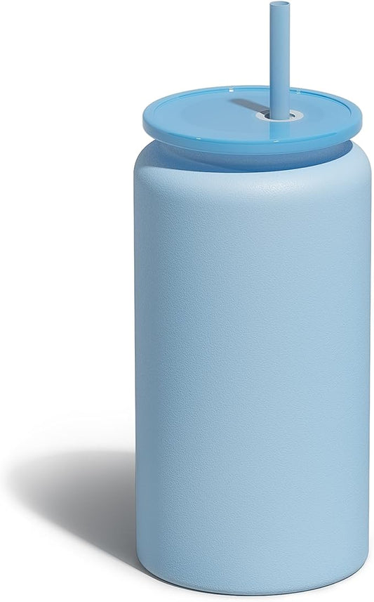 Glass Cups With Lids and Straws, 16oz Stainless Steel Beer and Iced Coffee Cup, Smoothie Drinking Cup, Light Blue (Textured Matte Finish, Not Sublimatable)