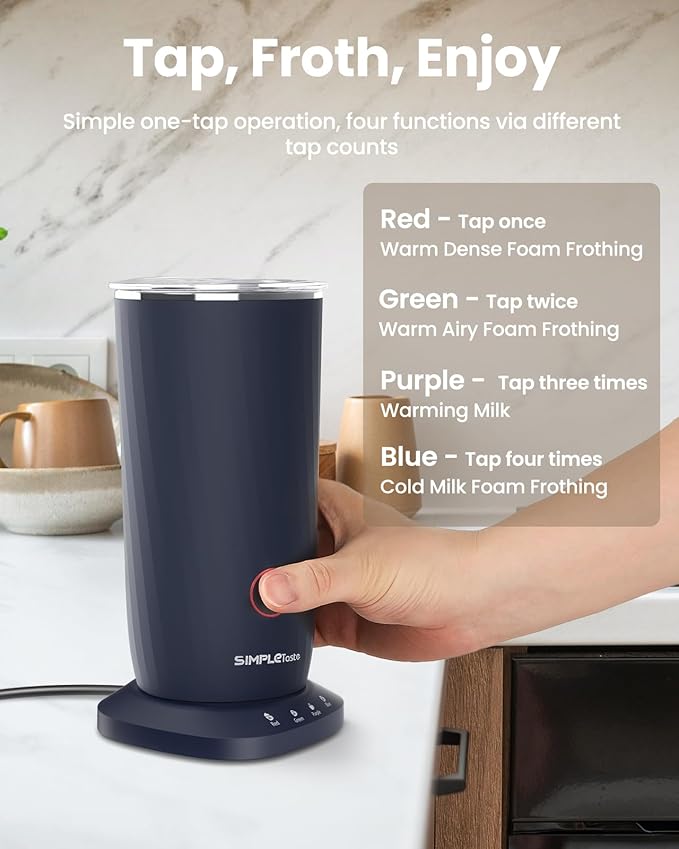 SIMPLETASTE Milk Frother, 4-in-1 Electric Milk Frother and Steamer, Automatic Warm and Cold Foam Maker and Milk Warmer for Latte, Cappuccinos, Dark Blue