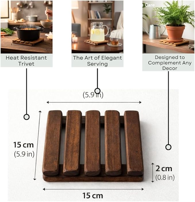 Wooden Trivet – Trivets for Hot Pots and Pans, 15×15 cm Heat Resistant Solid Acacia Wood, Durable Kitchen & Table Protector, Premium Handmade – LO-MAS
