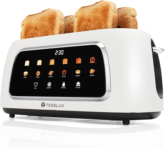 Tesslux 4 Slice Toaster with Touch Screen Control, 1.5" Wide Long Slots, 6 Browning Levels & 6 Bread Types, Digital Timer, Memory, Defrost, Reheat (WHITE)