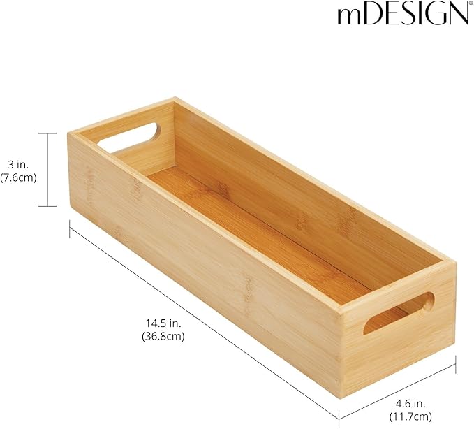mDesign Slim Bamboo Kitchen Cabinet & Fridge Drawer Organizer Tray - Storage Bin for Cutlery, Serving Spoons, Cooking Utensils, Gadgets - 4.6" Wide - Natural Wood Finish