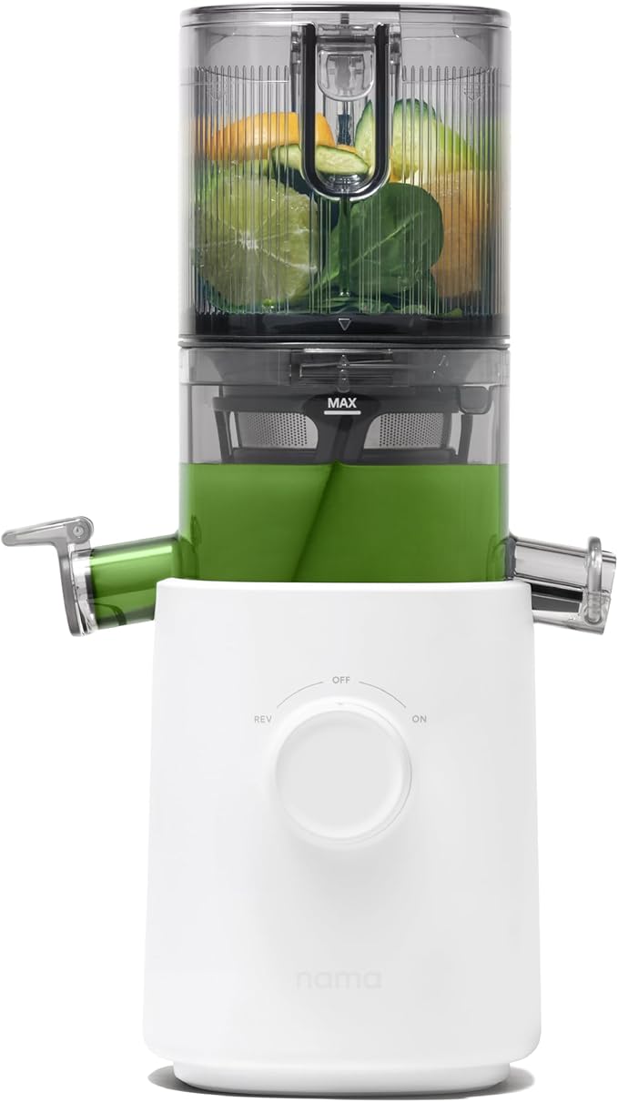 Nama J3 Compact Cold Press Juicer – Space Saving & Self Feeding for Hands-Free Operation – Lightweight, Portable Zero Waste Slow Masticating Juicer – Easy Cleanup & Assembly - White