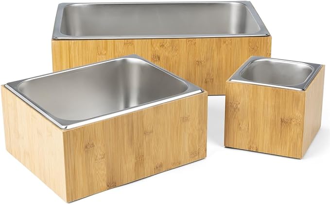 Displays2go 21" x 6.5" Ice Housing Tray - Bamboo and Steel Ice Housing Container - Removable Tray for Display Buffets - Bamboo (FSIHWOODL)