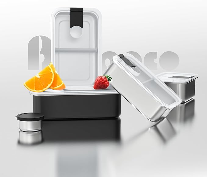 Bakpoco Stainless Steel Bento Lunch Box for Kids, 33oz Leak-Proof Lunch Box Containers, Microwave-Safe, with Adjustable Divider, Convenient Metal Lunchbox for School, Travel