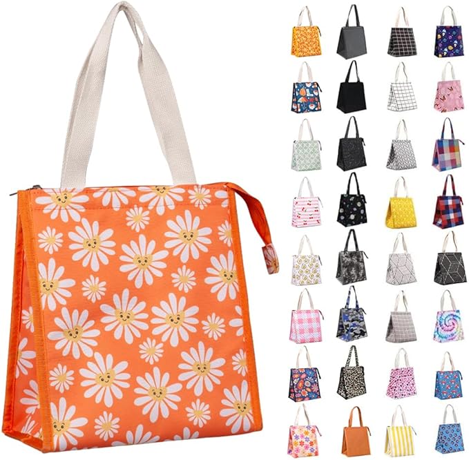 iknoe Insulated Lunch Bag for Women & Adults, 9L Foldable Wide-Open Cooler Bag with Pockets, Leakproof & Portable, for Picnic, Office, Beach(Daisy)