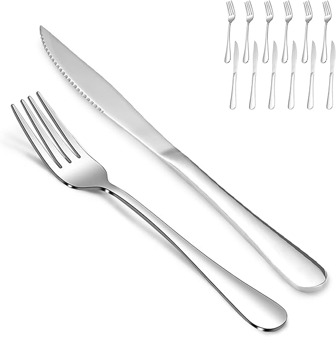 SANTUO 12 Pcs Silverware Set with 6 Steak Knives and 6 Dinner Forks,Flatware Set with Top Food Grade Stainless Steel,Tableware Cutlery Set For Home Restaurant Hotel, Mirror Finish, Dishwasher Safe