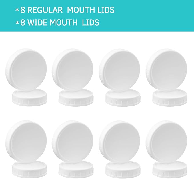 AOZITA 16-Pack Plastic Mason Jar Lids - 8 Regular Mouth and 8 Wide Mouth Jar Lids - Plastic Storage Caps for Ball, Kerr Canning Mason Jars - 100% Sealing & Dishwasher Safe & Food Grade