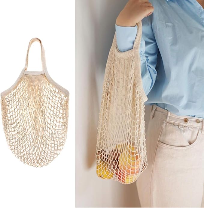 CABAX Cotton Mesh Produce Bags, Reusable Grocery Fruit Food Bags, Net String Shopping Tote Bag, Pack of 2