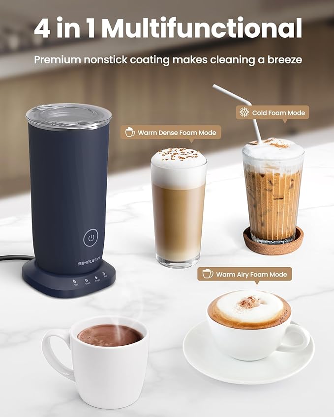 SIMPLETASTE Milk Frother, 4-in-1 Electric Milk Frother and Steamer, Automatic Warm and Cold Foam Maker and Milk Warmer for Latte, Cappuccinos, Dark Blue