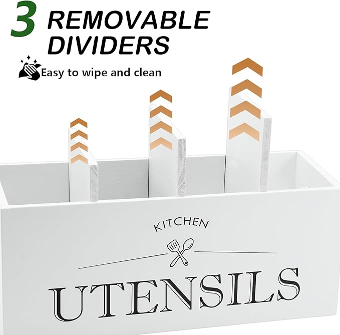 Kitchen Utensil Holder with 4 Compartments, Wooden Utensil Organizer for Countertop, Ideal for Storage and Organization, Rustic Cooking Utensil Kitchen Tool, White