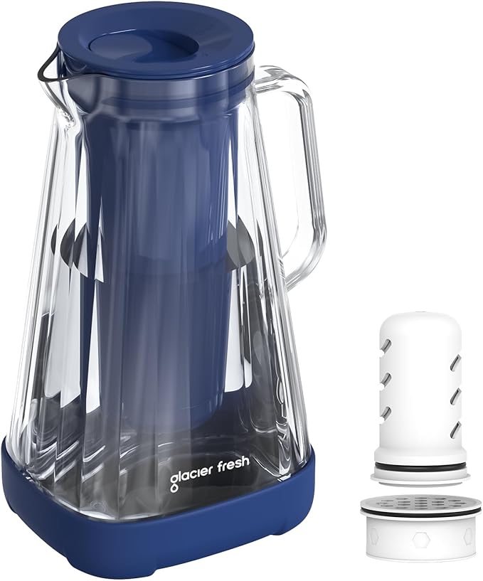 GLACIER FRESH 10 Cup Purela Glass Water Pitcher with 1 Ultrafiltration Membrane and Activated Carbon Filter, Reduces 99% Chlorine, PFOA&PFOS, Coliforms, Blue