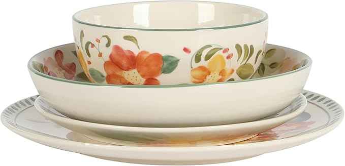 Bloomhouse Cassia Bud 16 Piece Double Bowl Hand Painted Stoneware Plates and Bowls Floral Dinnerware Set