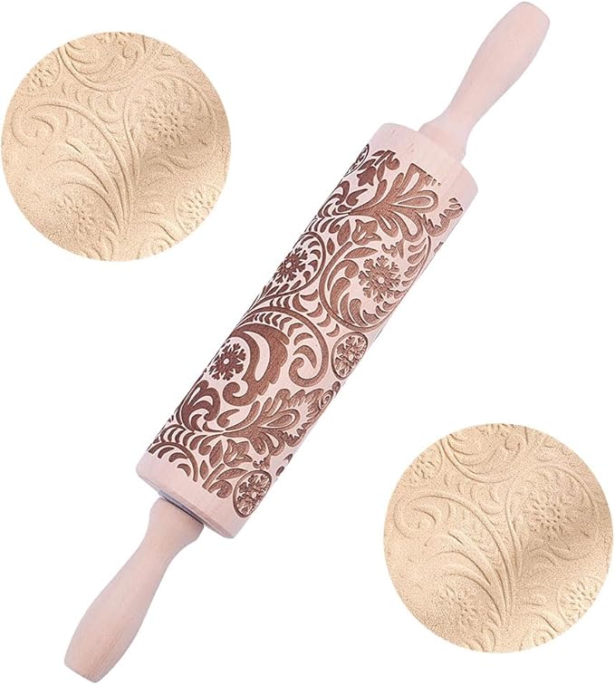 Embossed Wooden Rolling Pin Darker 3D Snowflake Rattan 30cm Rolling Pin for Baking Biscuits DIY Kitchen Tool Baking Accessories Homemade Bakery Pastry Cookie Fondant Dough Pizza