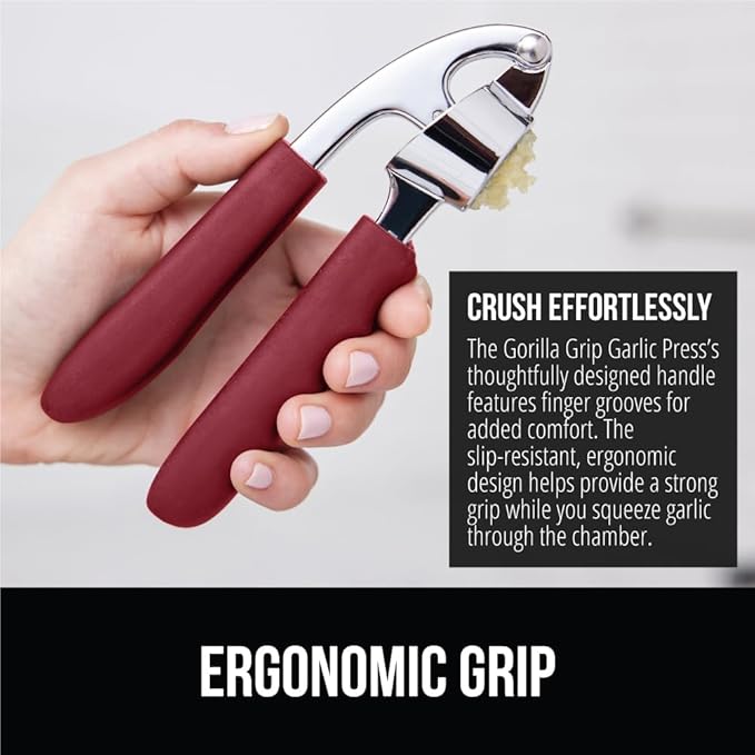 GORILLA GRIP Garlic Press and Peel Set, Heavy Duty Mincer Tool, Large Ergonomic Handle, Easily Mince and Crush Garlics, Ginger, Nuts, Seeds, Peeler Included, Peeling Cloves, Kitchen Gadgets, Red