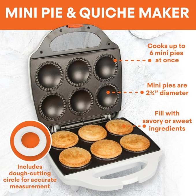 MasterChef Mini Pie & Quiche Maker- Baker Cooks 6 Small Pies or Quiches in Minutes- Non-stick Cooker w Dough Cutting Circle for Easy Measurement & Filling, Must Have Machine for Desserts & Appetizers