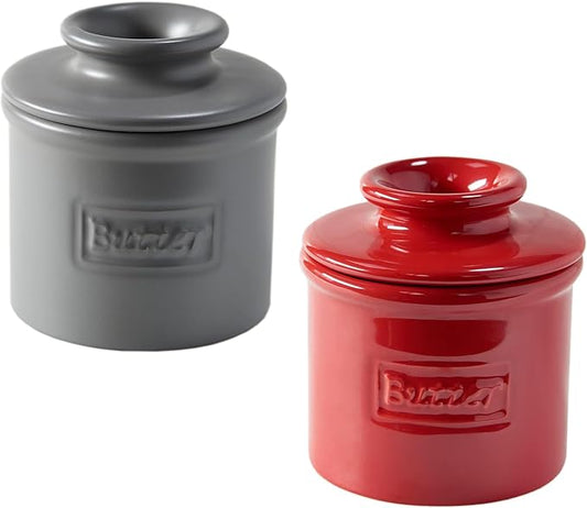 Butter Bell - The Original Butter Bell crock by L Tremain a Countertop French Ceramic Butter Dish Keeper for Spreadable Butter Café Matte + Retro Collection & Steel Gray + Maraschino Red Glossy Finish